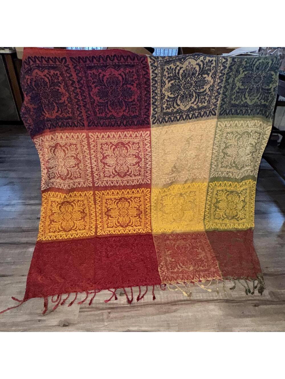 Chenille Patchwork Throw Blanket Boho Paisley Floral Tassels Maximalist Cottage